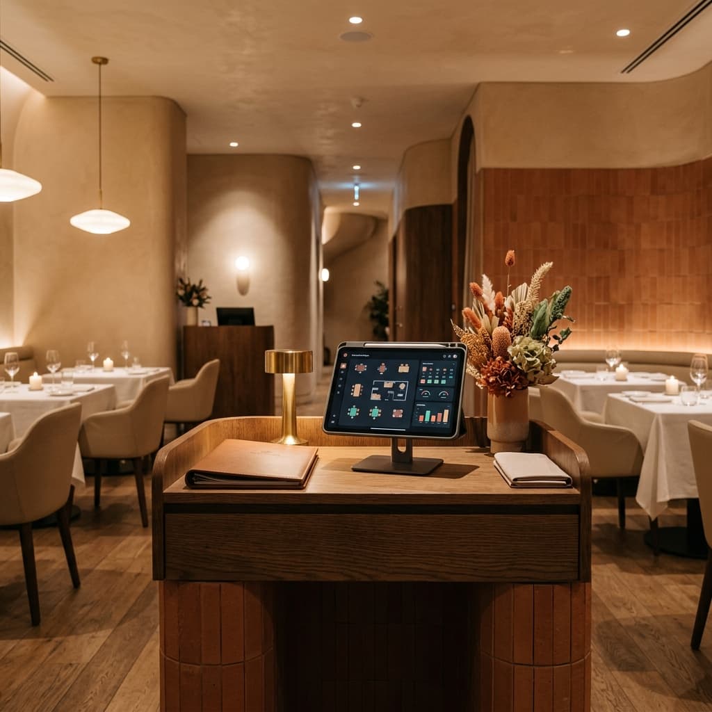 Restaurant OS interface in a fine dining setting